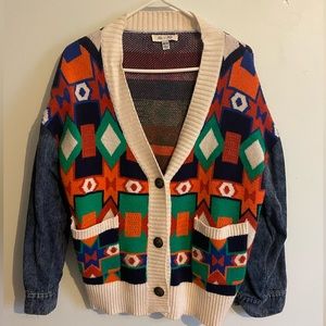 She and Sky sweater. Super cute pattern with denim arms. One size.